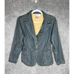 Vintage Papillon Denim Blazer Jacket Womens Size Small Blue Cotton Lined Pockets